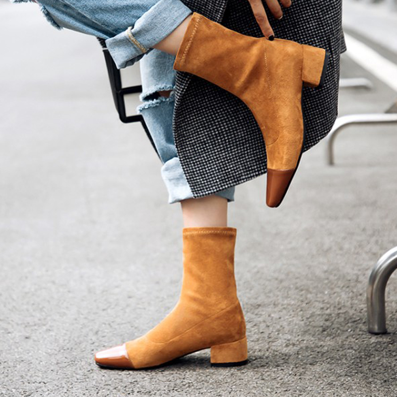 Elastic Ankle Sock Boots Chunky Heels Squre Toe Autumn Winter Slim Stretch Boots Suede Comfy Shoes Women Bota Feminina