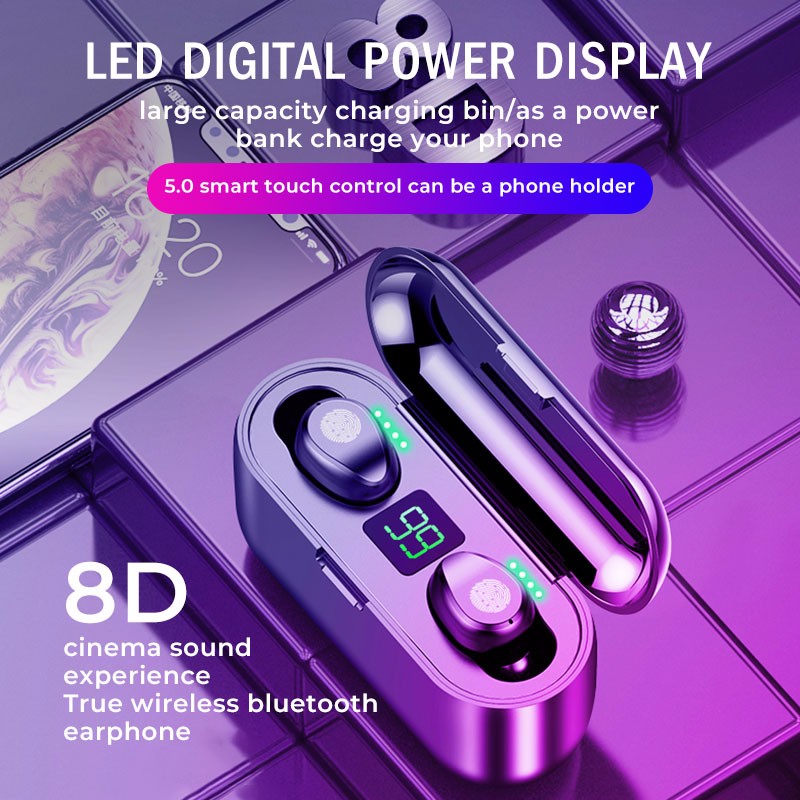 F9 Wireless Earphones Bluetooth V5.0 TWS Headphone LED Display With 2000mAh Headset With Microphone
