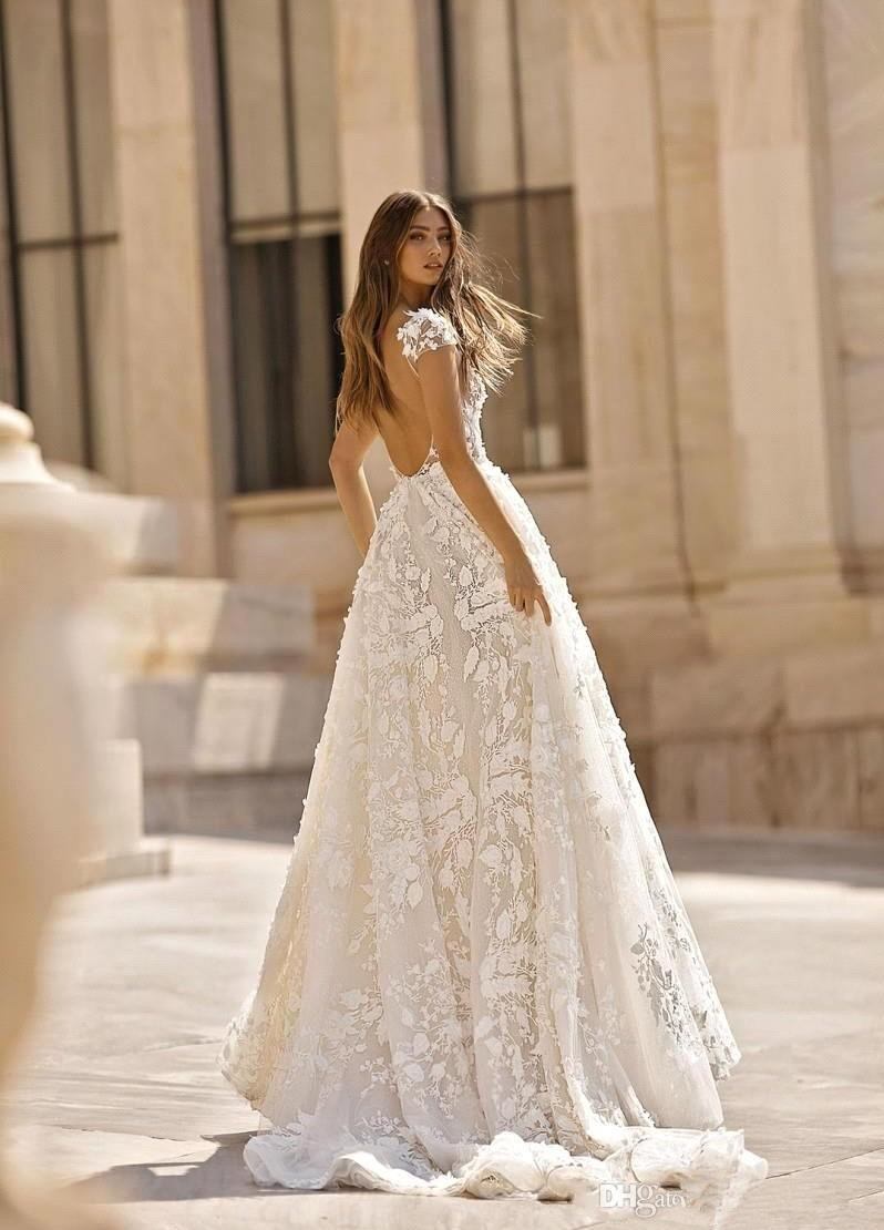 Betra Lace Applique Boho Wedding Dresses 2020 Deep V Neck Backless Short Sleeves Bridal Gowns Sweep Train Bohemia Wedding Gowns
