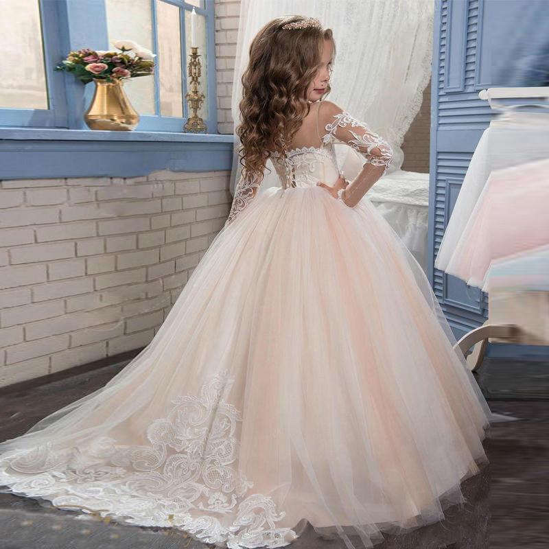 Holy Communion Dresses Ball Gown Long Sleeves Lace Back Button Solid O-neck Flower Girl Dresses Vestido De Daminha New Arrival