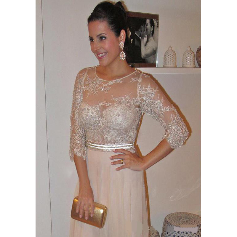2020 Floor Length Beads Pearls Lace 3/4 Sleeves Chiffon Elegant Mother of the Bride Dresses Jewel Vintage Prom Dresses