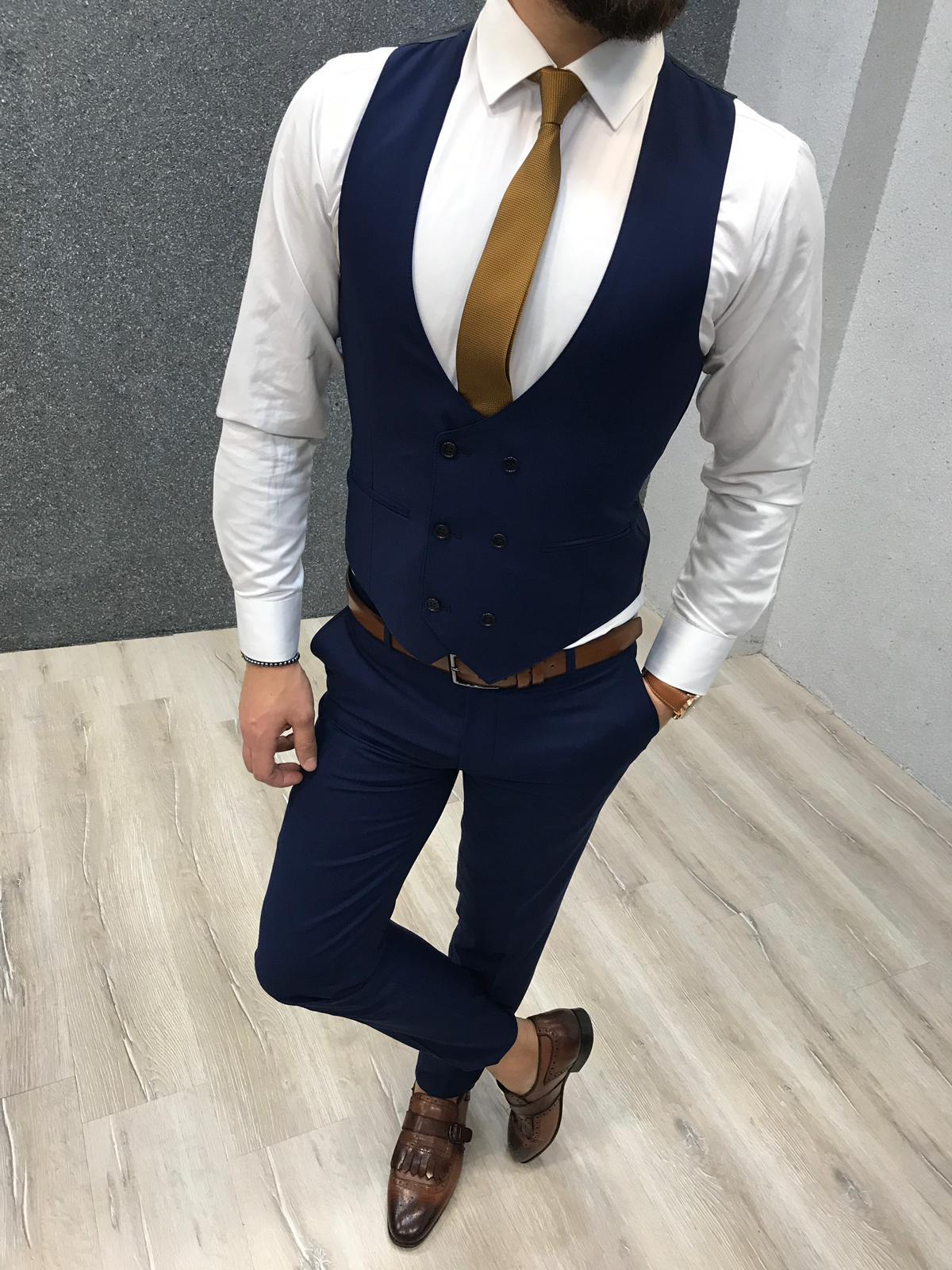Navy Blue Groom Wedding Tuxedos Slim Fit 3 Pieces Notched Lapel Mens Pants Suits High Quality Designer Jackets