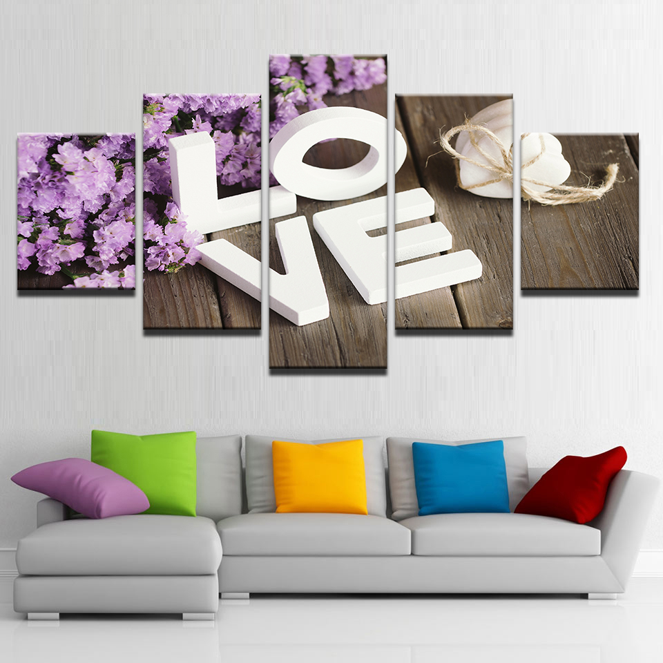 Modular Pictures Living Room Wall Art 5 Piece Purple Hyacinth Flower Paintings Home Decor Canvas HD Prints LOVE Poster No Frame