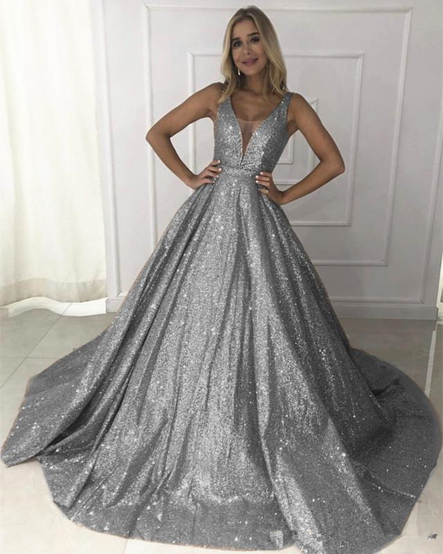 Sparkly Gold Rose Prom Dresses V Neck Sequined Glitters Backless Evening Gowns Shiny Party Dress Special Occasion robes de soirée