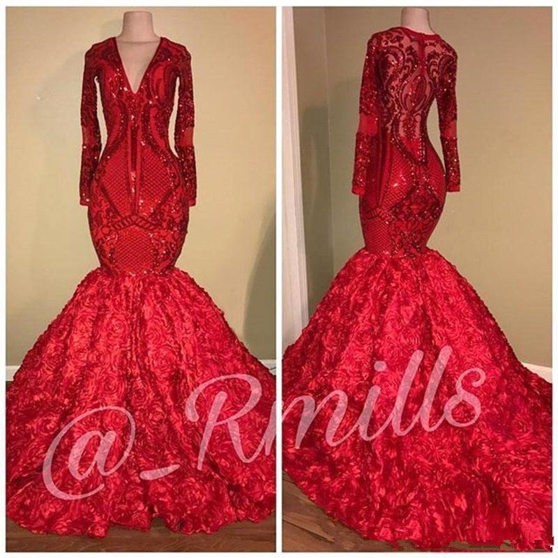 Red Sequins Applique Prom Formal Dresses 2020 V-neck Sparkly Luxury 3D Floral Bottoms African Arabic Long Sleeve Evening Gown Wear
