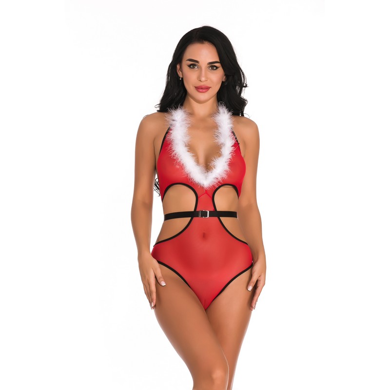 Women Sexy V-plung White Fuzzy Trim Neckline and Side Cut-out Christmas Holiday Red Mesh High-cut Teddy with Black Belt Lingerie Nightwear