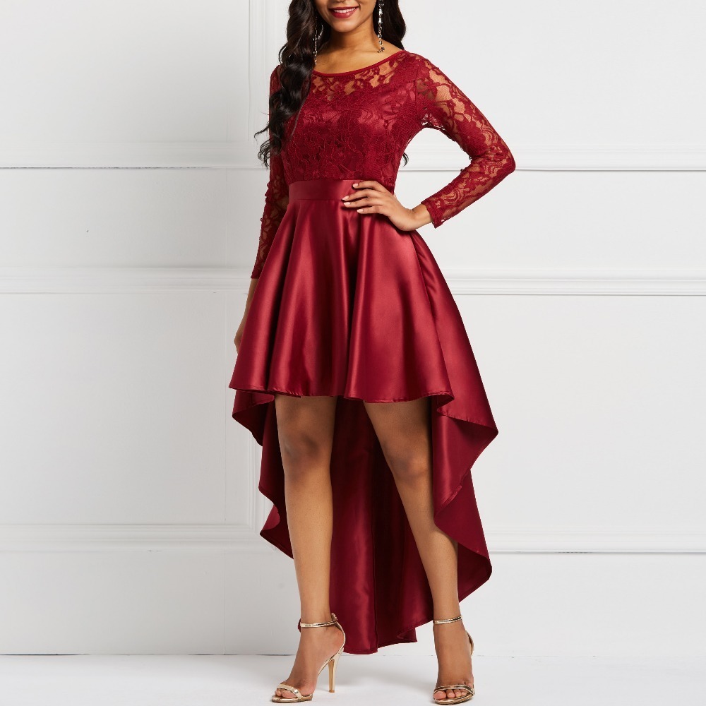 Evening Party Date Asymmetric Satin Hollow Out Floral Lace Long Dress Women Spring Summer Royal Blue Burgundy Red Maxi Dresses J190611