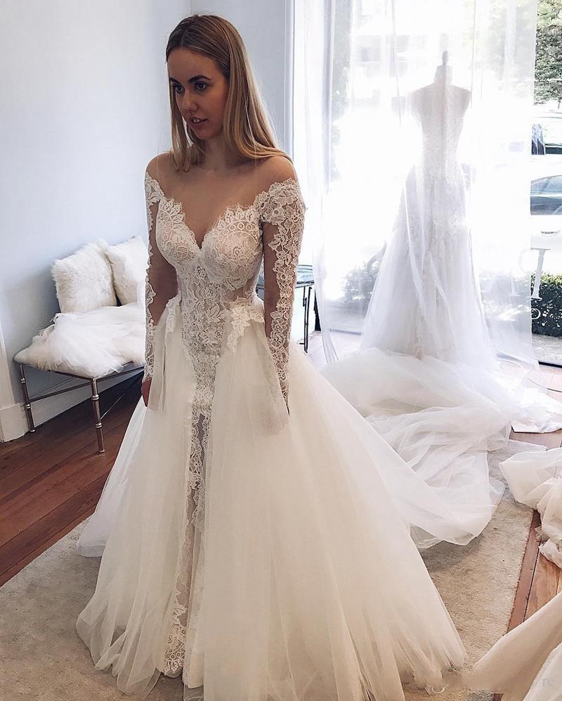 Sexy Sheer Neck Lace Bohemian Wedding Dresses With Detachable Train Appliqued Overskirt Long Sleeve Bridal Gowns Custom Made