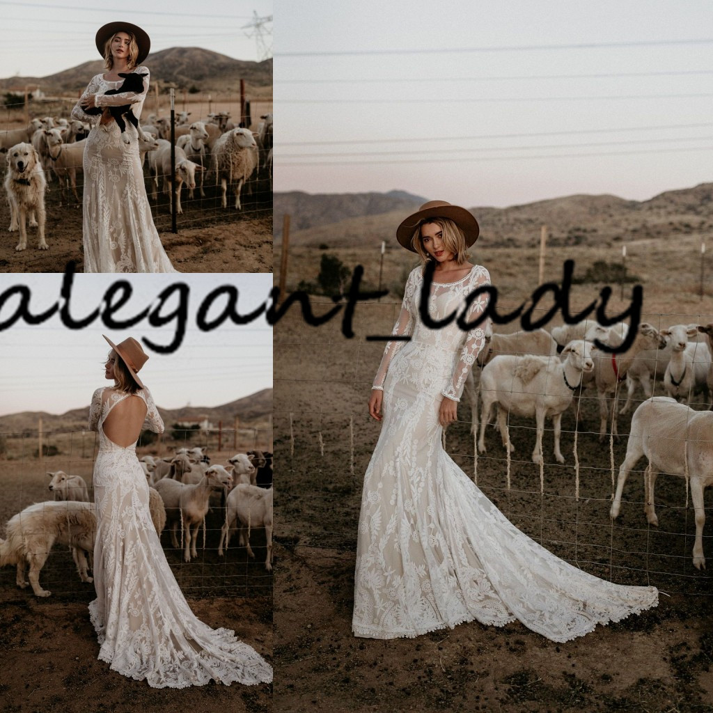 Bohemian Willow Lace Wedding Dresses 2020 Fashion Applique Backless Jewel Neck Country Boho Bride Wedding Gown with Long Sleeve