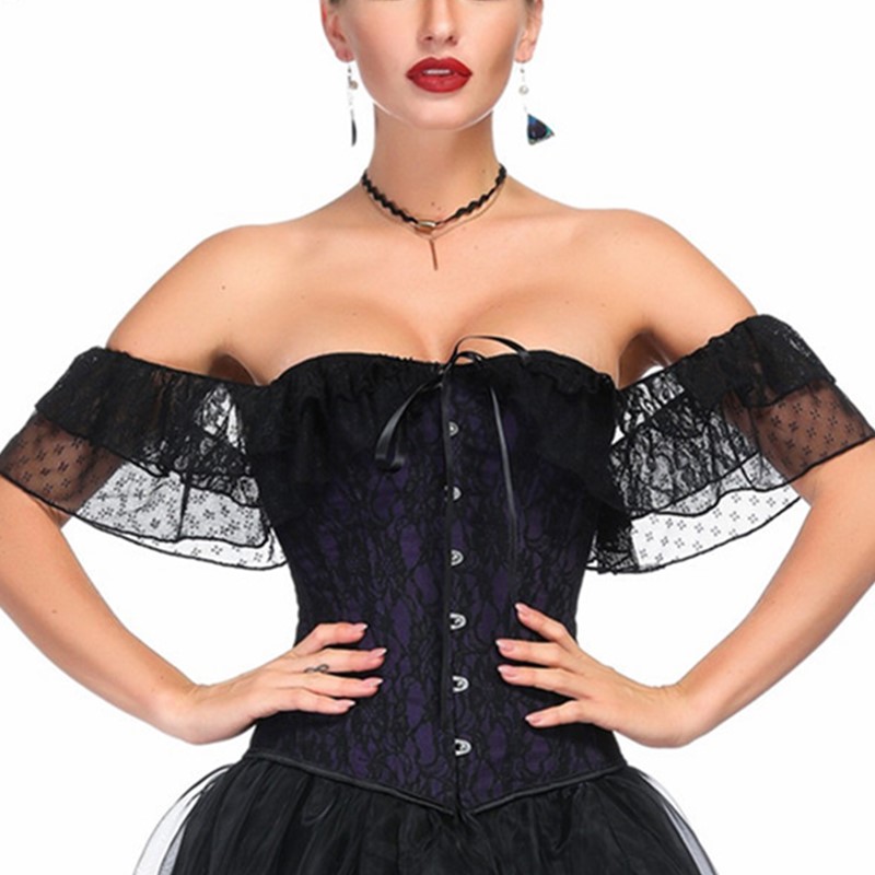 Women Push up Bra Overbust Corset Top with Dots Lace Mesh Sleeves and Black Lace Overlay Details Everyday Outwear Fashion Lace-up Shapewear
