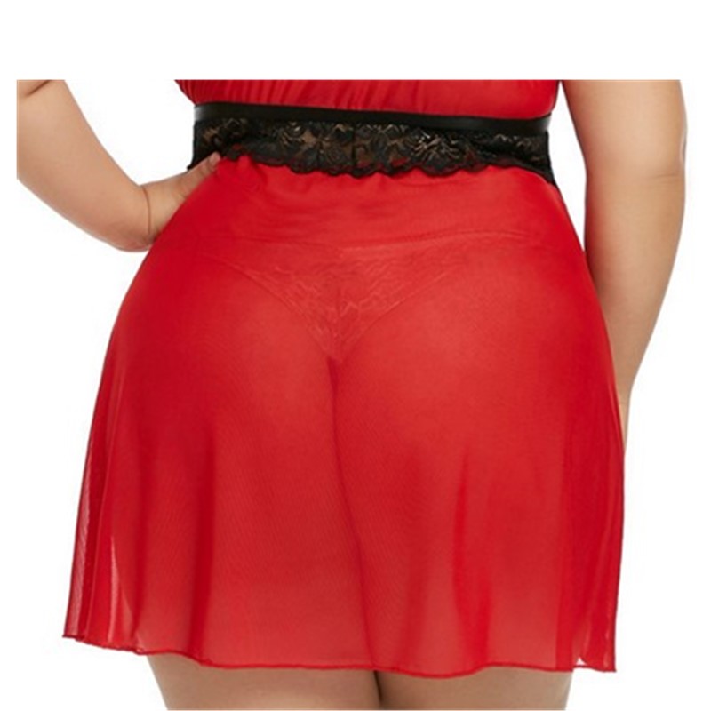 Christmas Red Women Plus Size 1X-5X Lace and Mesh Sheer Slit Babydoll & G-string Lingerie Set Sexy Sleepwear Chemise Dress with White Fur