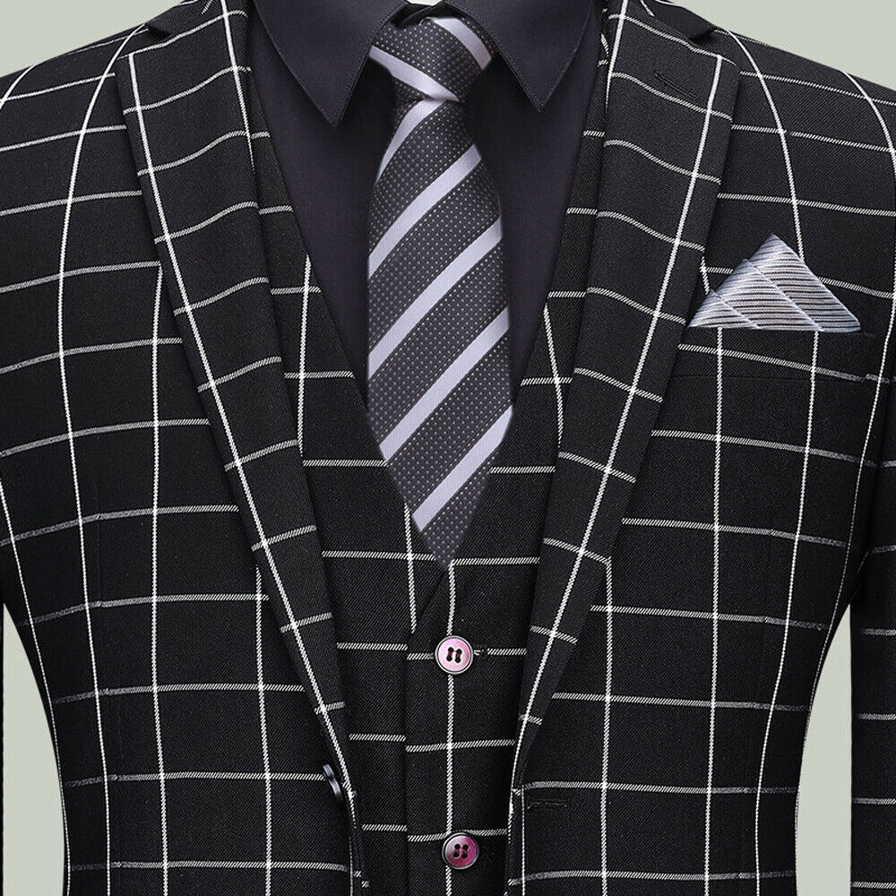 Men Suit Black Check Design Suits 3 Pieces 2 Button Groom Wedding Formal Tuxedos Business Men Wear