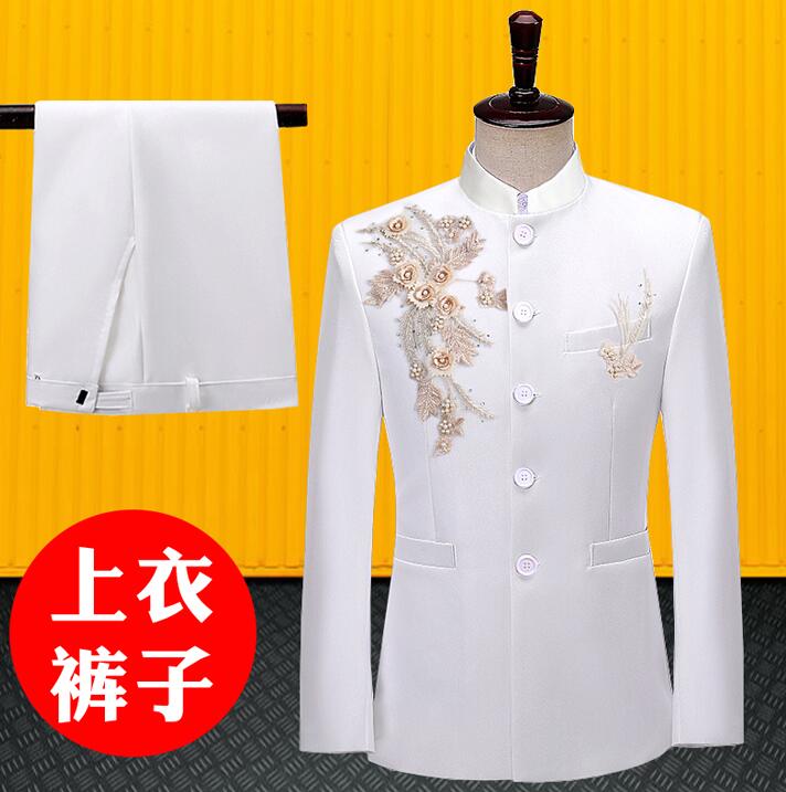 White blazer men Chinese tunic suit set with pants mens wedding suits Embroidery stand collar singer stage clothing formal dress
White blazer men Chinese tunic suit set with pants mens wedding suits Embroidery stand collar singer stage clothing formal dress