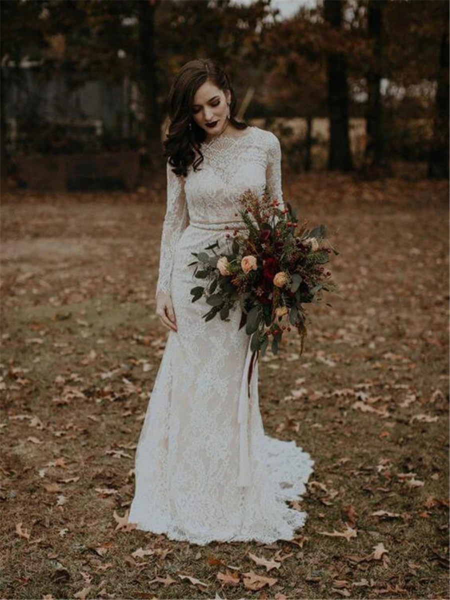 Modest Country Mermaid Lace Wedding Dresses Long Sleeves Sexy Low Backless Bohemian Boho Bridal Gowns Plus Size Sweep Train robe de mariée
