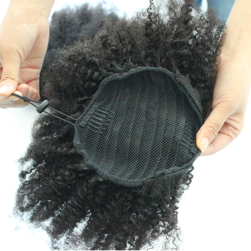 Afro Kinky Curly Human Hair Ponytail Natural black color Brazilian Hair Extensions Slik Straight Clip on Ponytail 100g