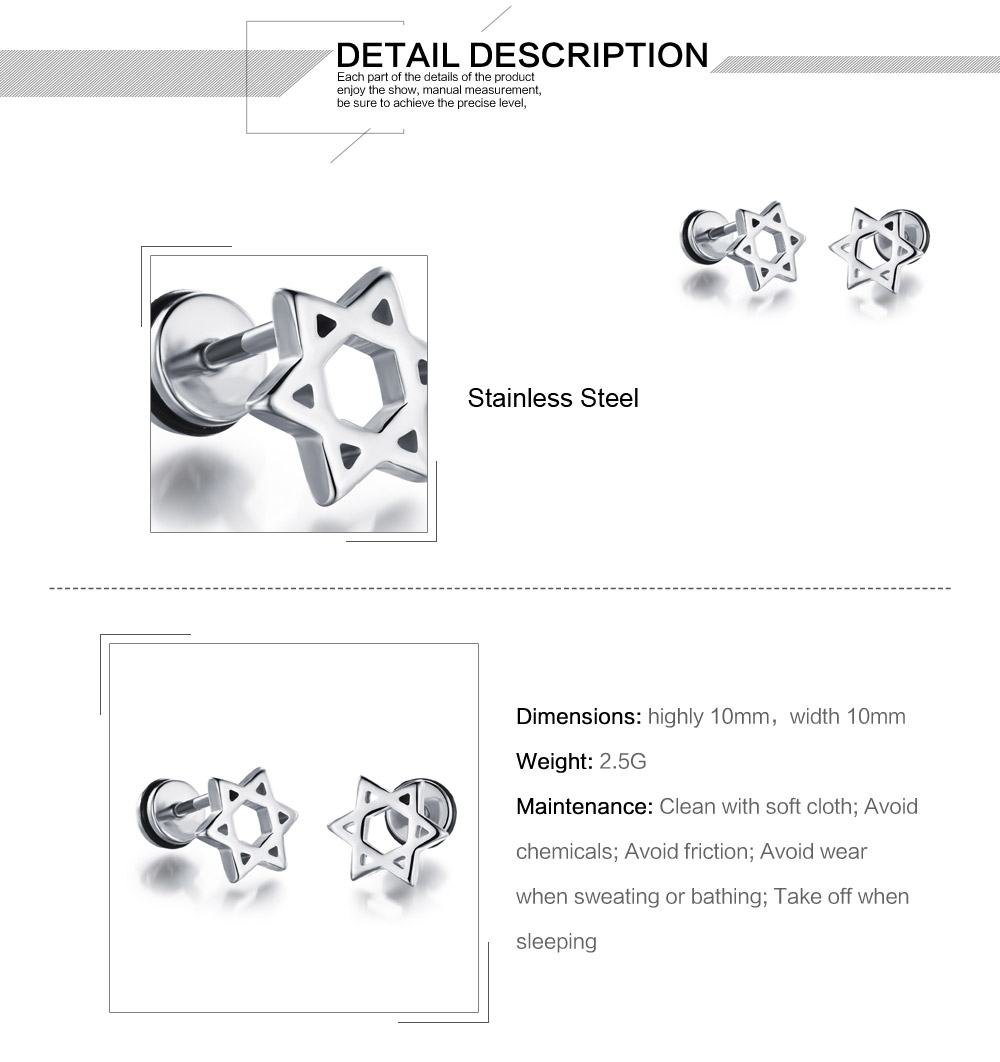 Women Men's Six Star Screw Back Stud Earrings Jewelry 316L Stainless Steel Ear Bone Nail Earrings