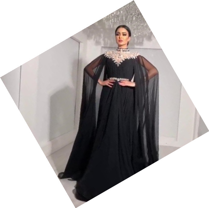 2022 Luxury Moroccan Arabic Dubai Crystals Prom Dresses Chiffon Formal Evening Party Gowns A Line Cape Sleeves High Neck Beaded Women Black Special Oc