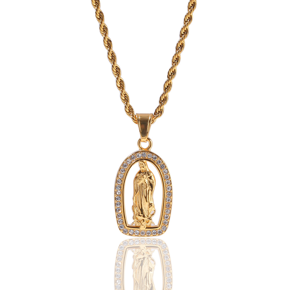 New Gold Hip Hop Bling Diamond The Virgin Mary Pendant Necklace Chain for Men Bijoux Rapper Mens Cuban Chains Wolf Tide Jewelry Gifts for Guys