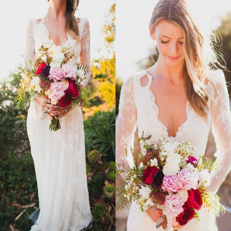 Country Spring Bohemian Wedding Dresses With Long Sleeves Plunging Neck Sexy Open Back Lace Beach Boho Bridal Party Gowns