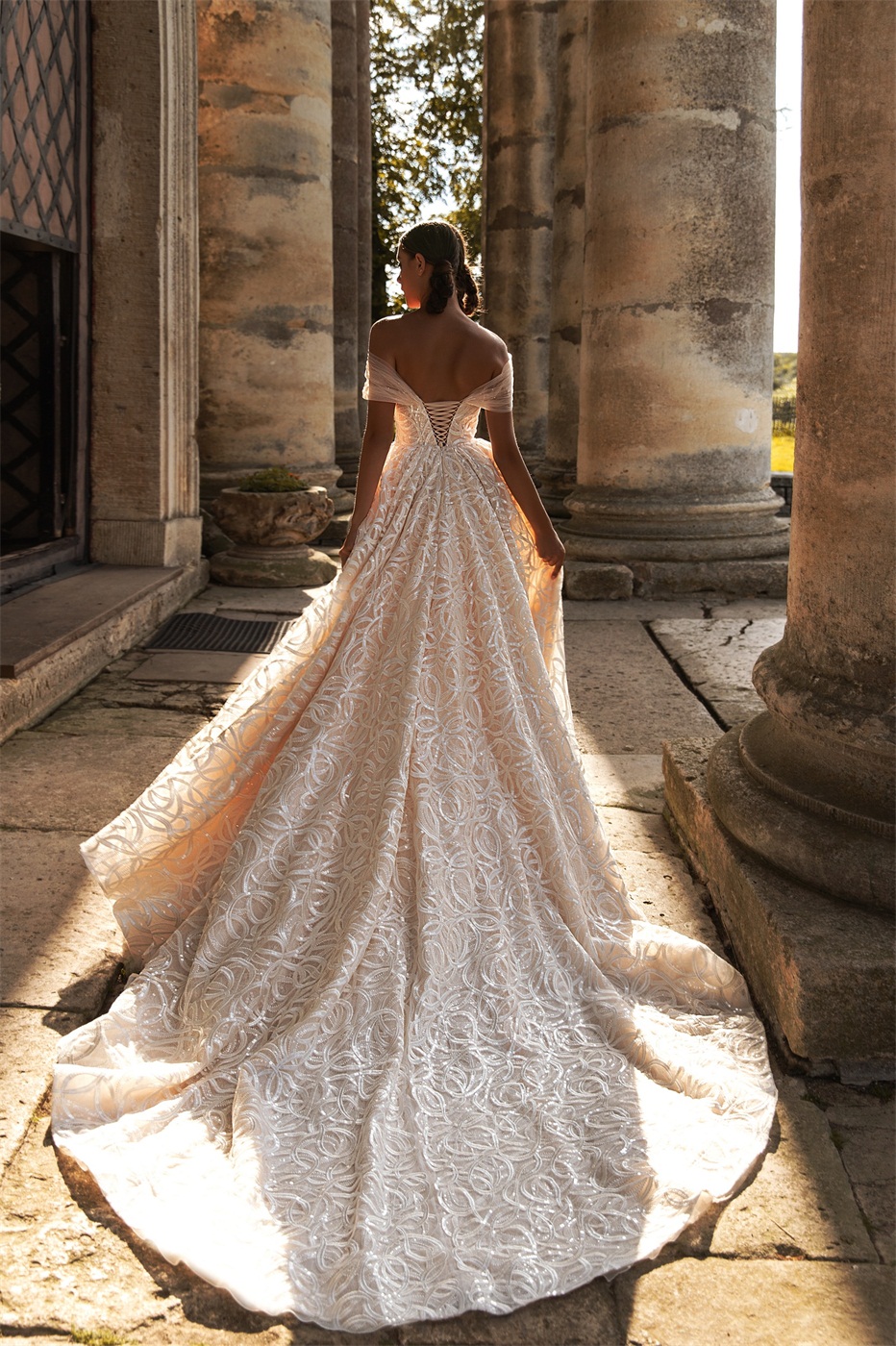 2020 Elegant A Line Wedding Dresses Off The Shoulder Appliqued Sequins Lace Up Back Design Court Train Bridal Gowns