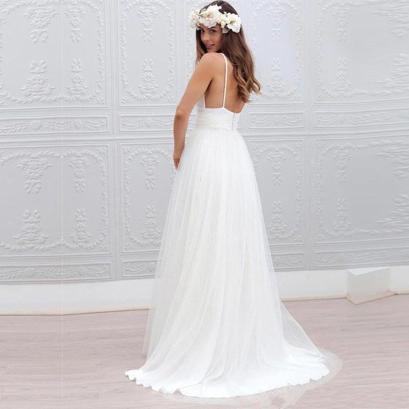 2020 NEW Cheap Summer Beach Bohemian Sexy Wedding Dresses A Line V Neck Tulle Sweep Train Plus Size Backless Formal Bridal Gowns