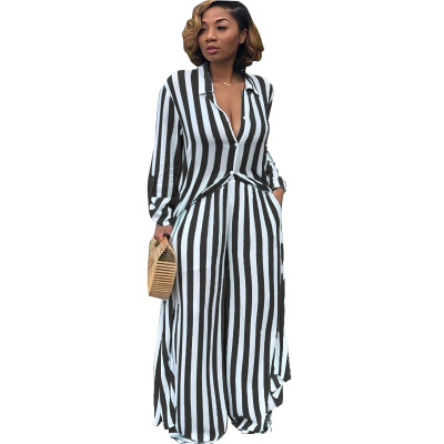 Women Casual Two Pieces Sets Long Sleeve Striped Blouse and Elastic Waist Wide Leg Pants Tracksuit Femme 2 Pieces Outfits