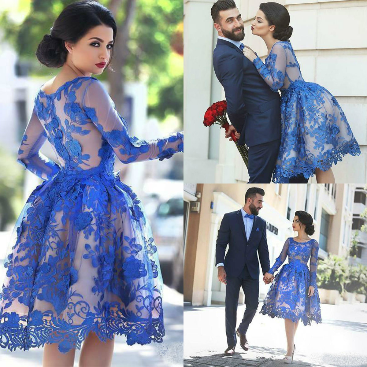 2019 Royal Blue Lace Applique Short Prom Dresses Illusion Long Sleeve Cocktail Party Dresses Knee Length Homecoming Prom Gowns vestidos