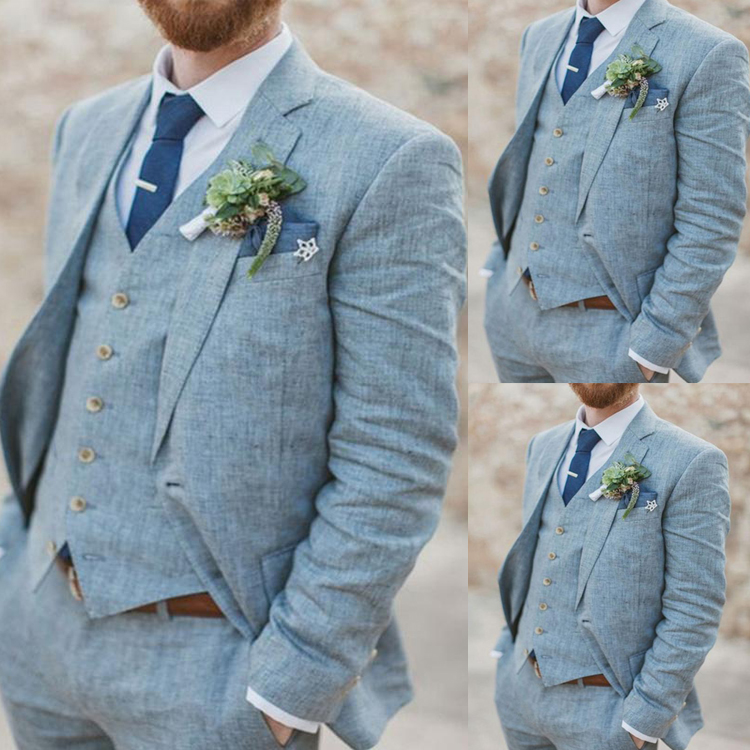 Light Blue Wedding Tuxedos 3 Pieces Peaked Lapel Men Pants Suits Formal High Quality Blazer Clothing
