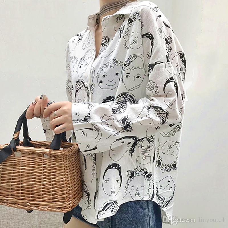 2020 Women's Black and White Patterned Blouse Single Breasted Blouse Casual Long Sleeve Shirt Female Cartoon Cotton Tops