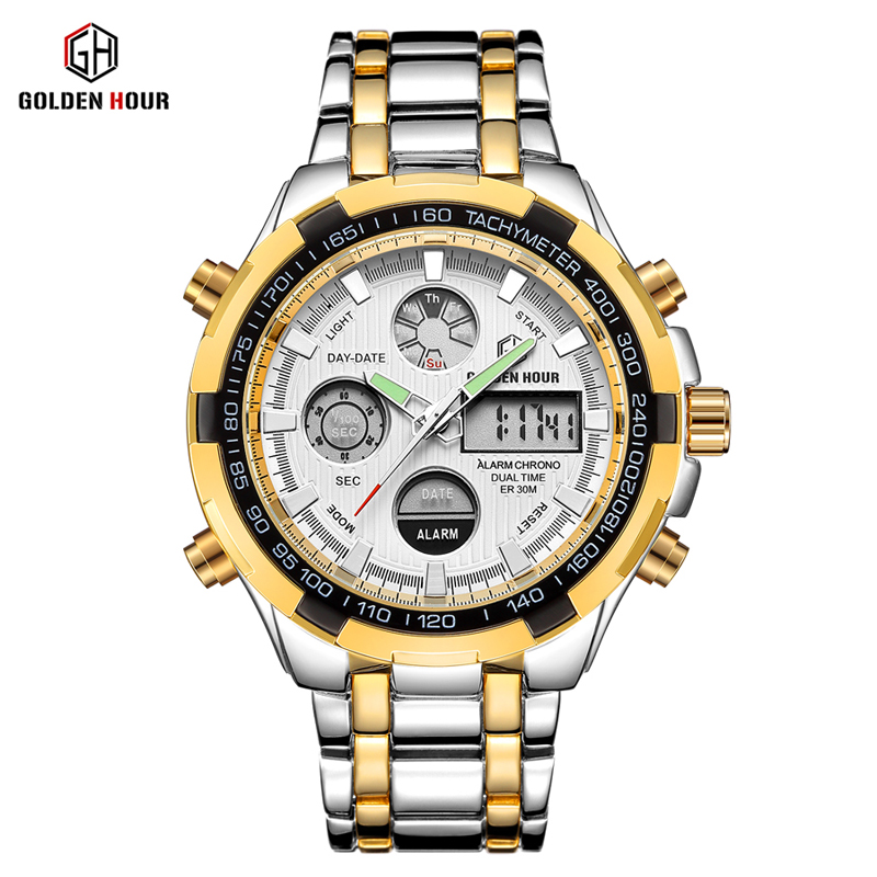 GOLDENHOUR Luxury Gold Quartz Men's Watch Stainless Sport Business Male Watches Fashion LED Alarm Men Clocks Relogio Masculino, Slivery;brown
GOLDENHOUR Luxury Gold Quartz Men's Watch Stainless Sport Business Male Watches Fashion LED Alarm Men Clocks Relogio Masculino, Slivery;brown