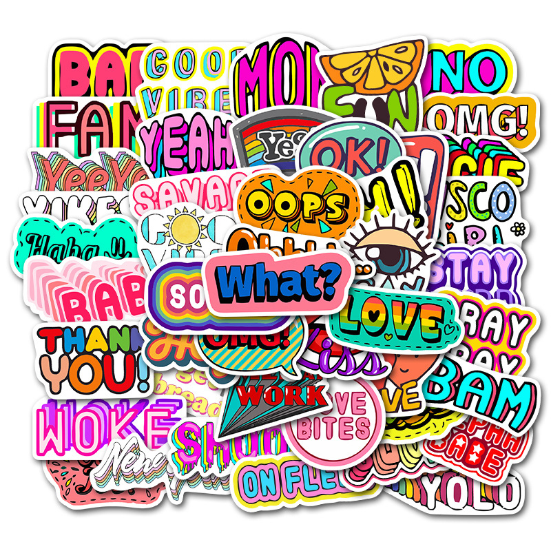 50pcs/Set Cartoon English Phrase Waterproof PVC Stickers to DIY Luggage Guitar Laptop Motorcycle Skateboard Sticker Kids Toys