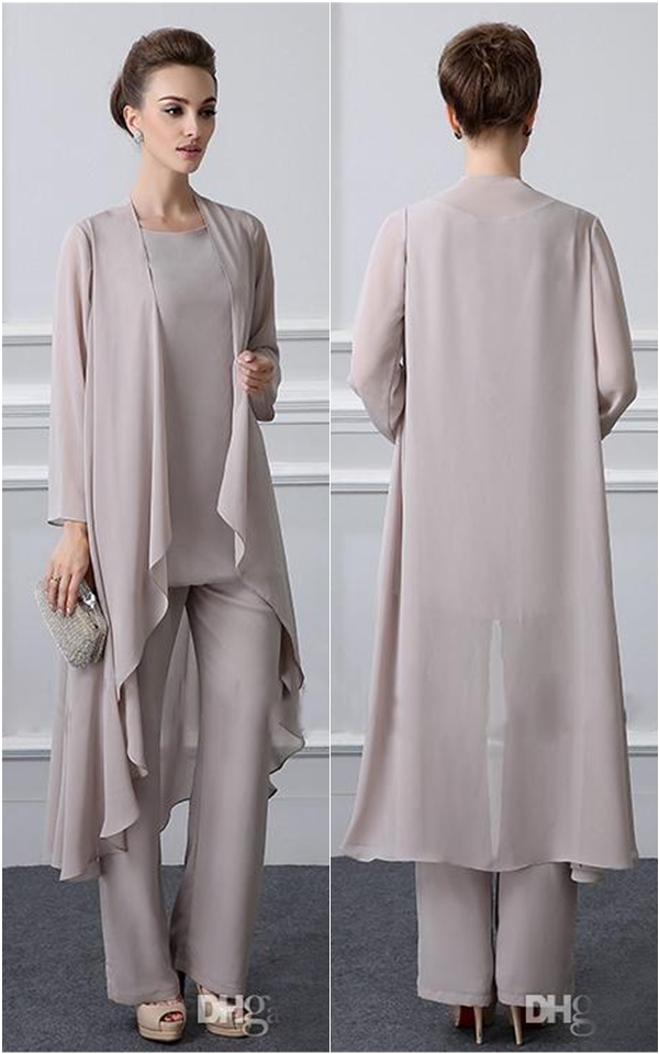 Simple Elegant Mother Of The Bride Pant Suits With Jacket Chiffon Beach Wedding Guest Groom Dress Cheap Mothers Outfit Long Garment