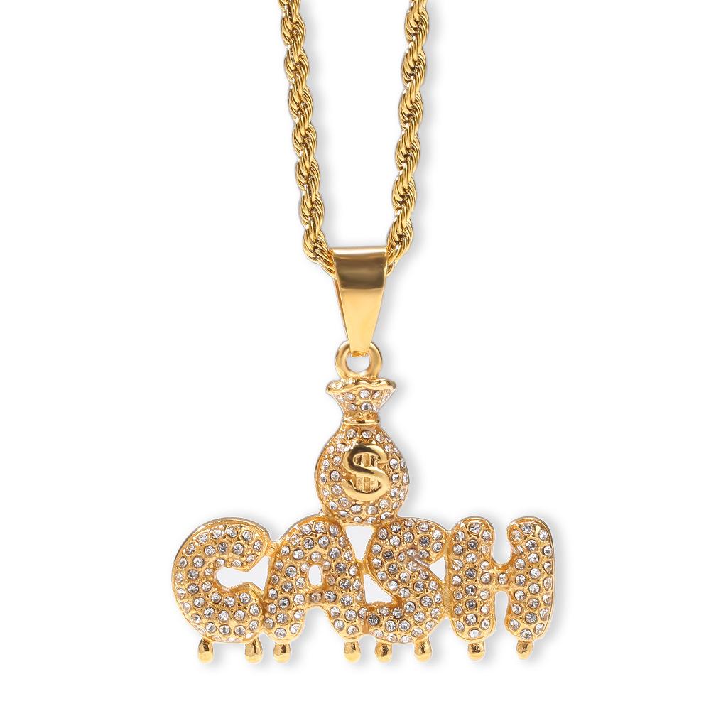 New guys Gold Stainless Steel Bling Diamond US Dollar Sign Money Cash Letters Pedant Necklace Hip Hop Rapper Club Jewelry Gifts for Men
