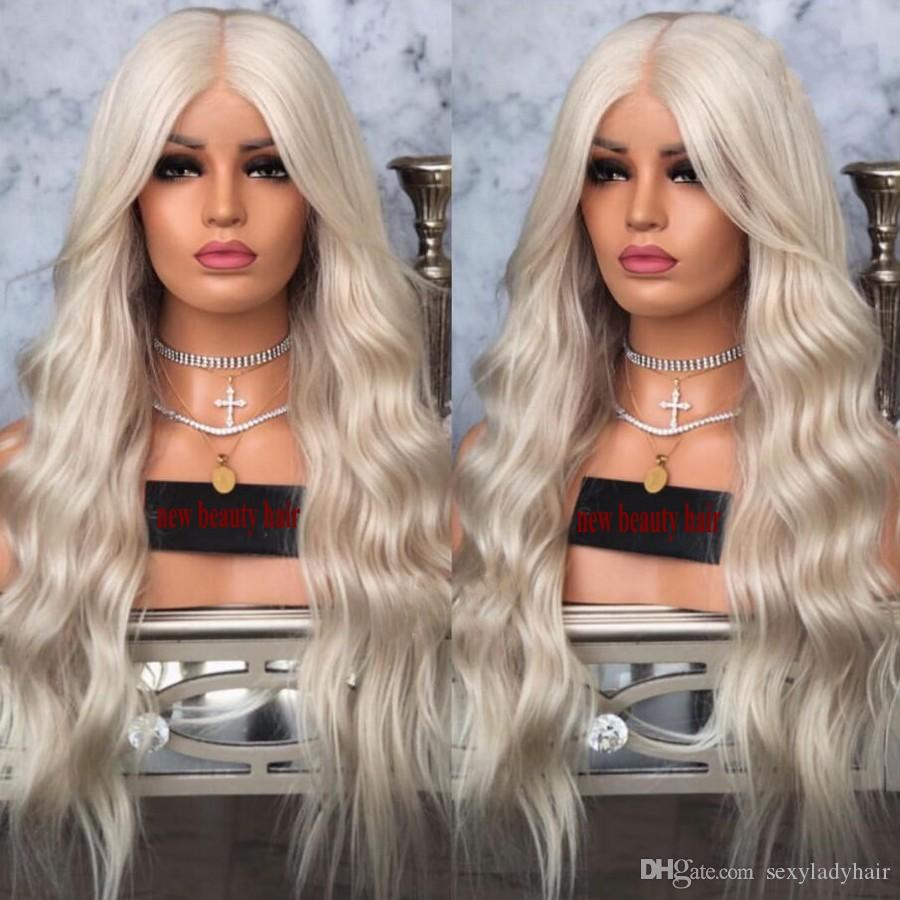 Middle Part Natural Long Wave Platinum Blonde wig High Temperature Fiber 360 lace Synthetic Lace Front Wig For White Women