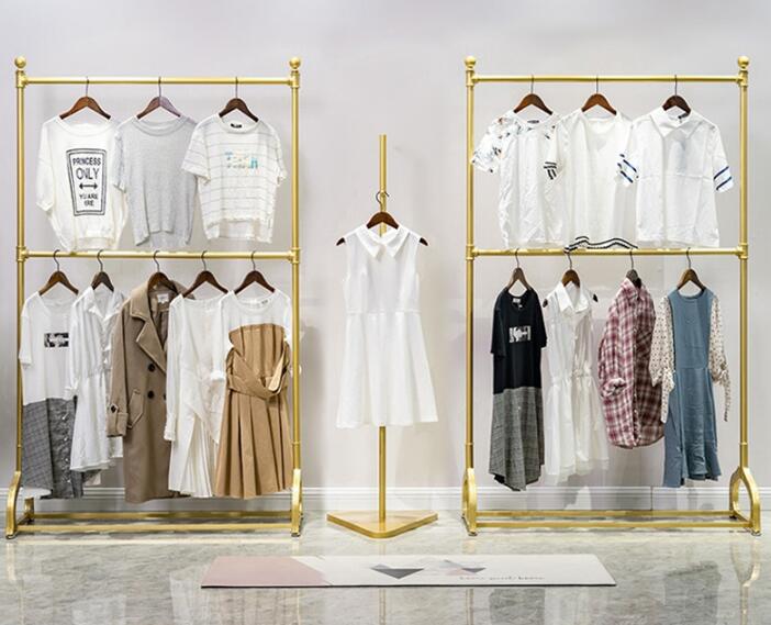 Gold clothing store iron clothing rack Commercial Furniture men's and women's wedding dress floor hanger metal double layer adjustable hange