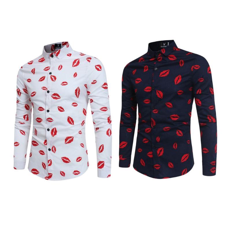Men Lips Printed Shirt Autumn Male Fashion Long Sleeve Business Open Stitch Turn-down Collar Casual Linen Men Shirts