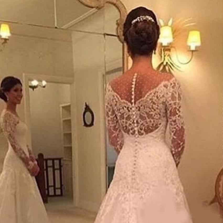 Gorgeous Long Sleeve Lace Wedding DressesI 2020 Bridal Gowns Zipper Back Mopping Long Section Tiered Skirts Sheer Neck Straps Wedding Gowns