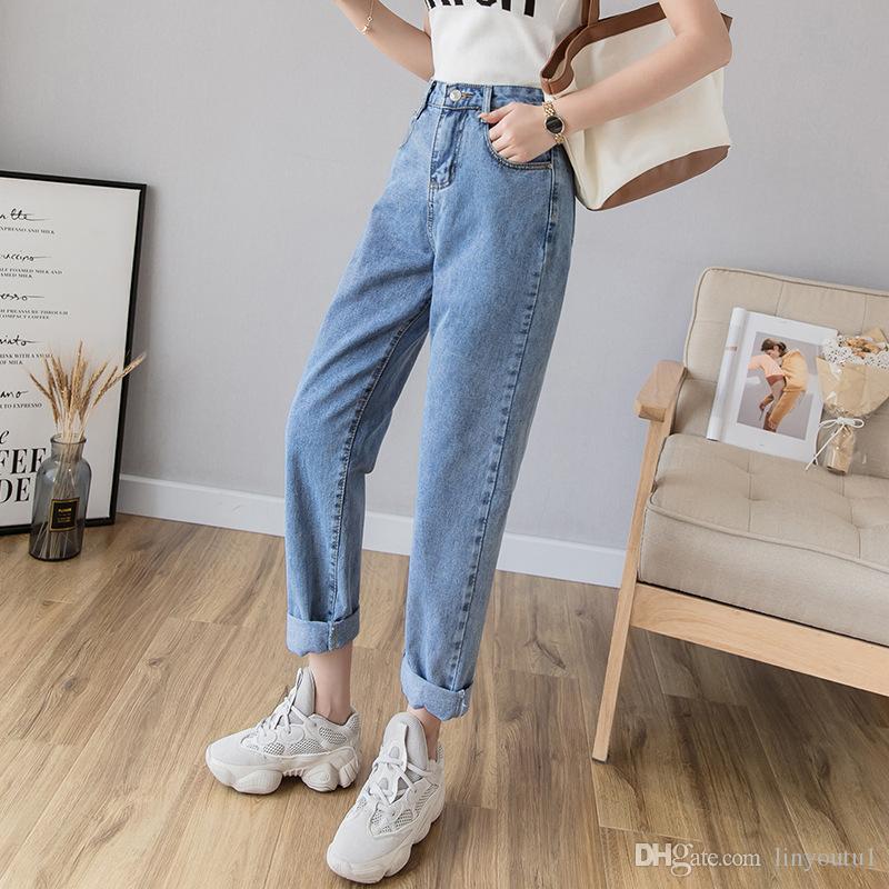 2020 Women`s Plus Size High Waist Washed Light Blue True Denim Pants Boyfriend Jean Femme For Women Jeans