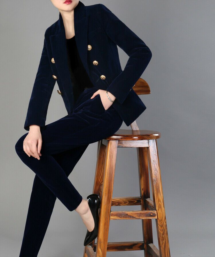 Navy Blue Velvet Mother of the Bride Suits Slim Fit Ladies Formal Party Evening Wear For Wedding(Jacket+Pants)