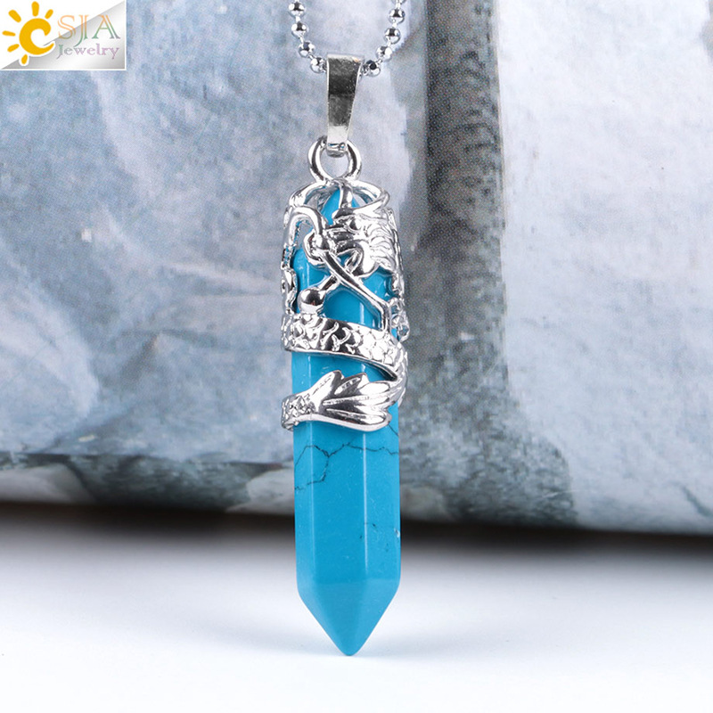 Dragon Tribe Totem Natural Stone Hexagonal Crystal Quartz Prism Ethnic Pendant Necklace Hanging Jewelry for Women Men