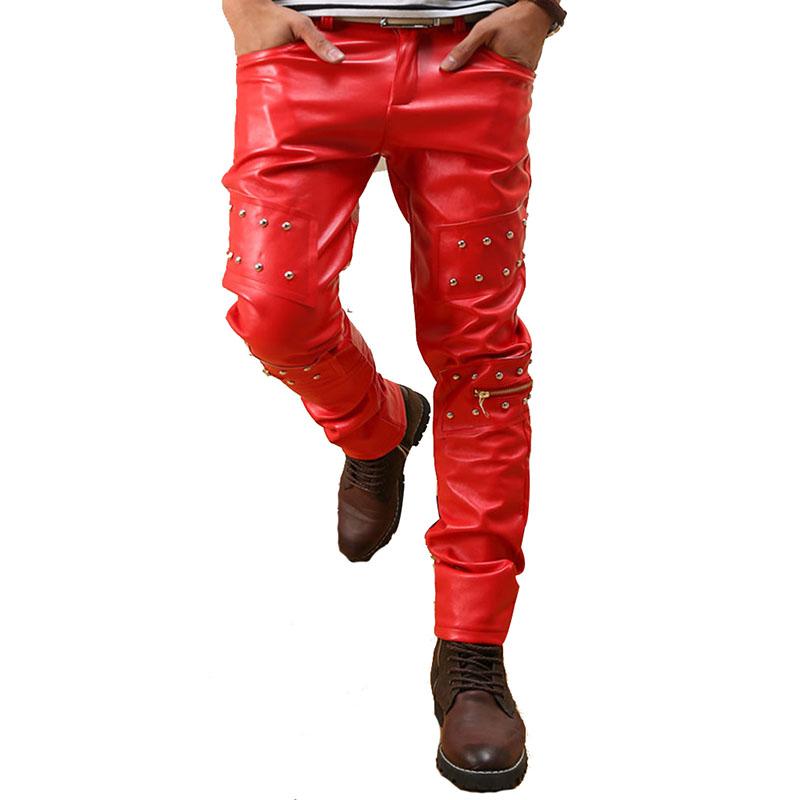 Men`s Punk Rock Red Studded Leather Motorcycle Hip Hop Hipster Night Club Biker Pants With Zippers Male