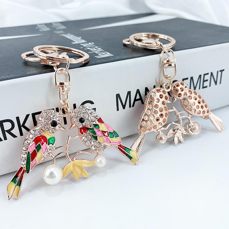 Newest Forest Bird Key Rings Holder Alloy Rhinestone Pendant Keychain Pearl Women Bag Charms 3D Keyring Chain Accessories for Car Keys