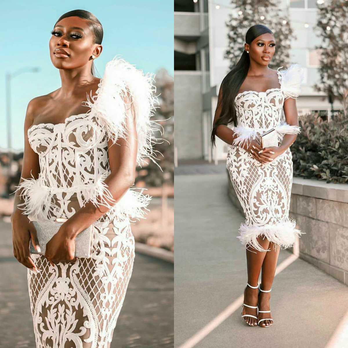 african feather prom dresses one shoulder knee length short lace evening gowns plus size formal glitz cocktail dress