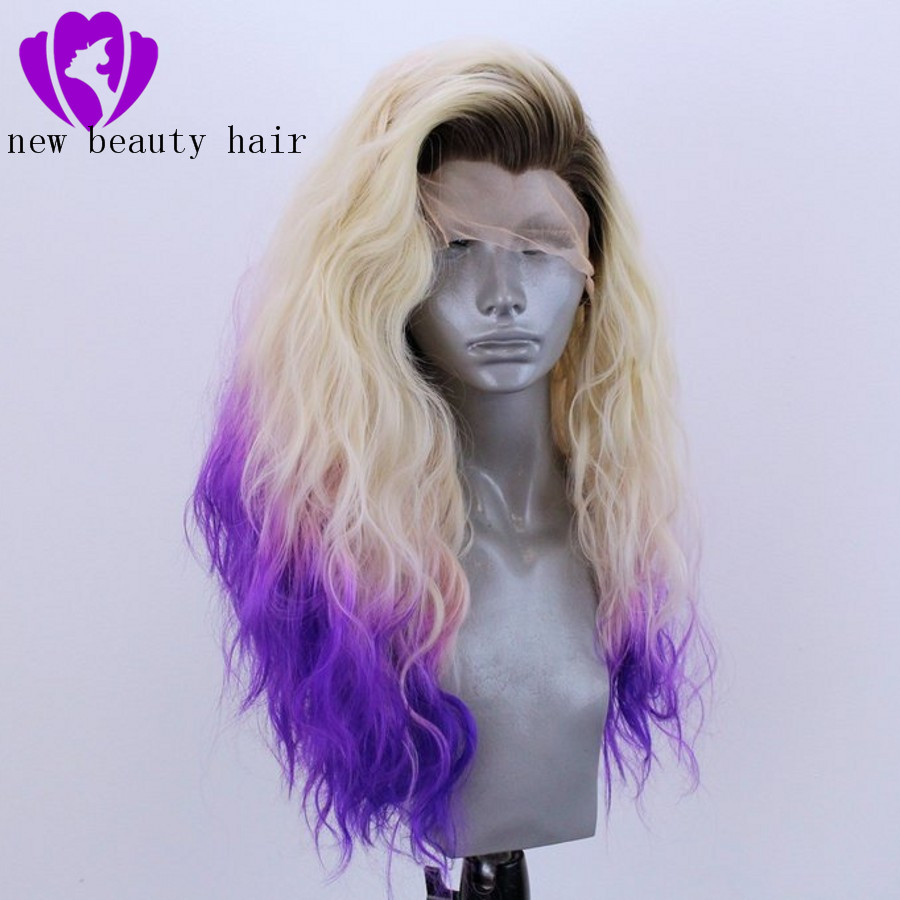 Free Part High Temperature Fiber blonde ombre purple wig Peruca Cabelo 360 Frontal Long water Wave Full Hair Wigs Synthetic Lace Front Wig