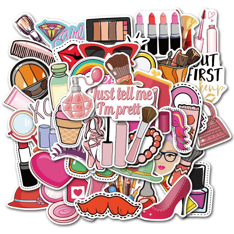 50pcs/Set Girls Making Up Things Stickers Luggage Phone Laptop Graffiti Lipsticks Waterproof Decals Computer Sticker