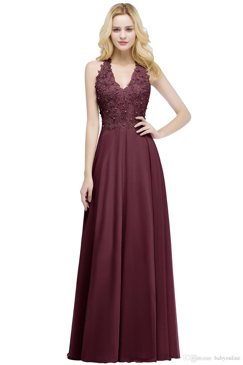 Newest Lace Chiffon Evening Elegant Sleeveless A Line V Neck Sequins Beaded Top Prom Gowns Bridesmaids Dress Cps912