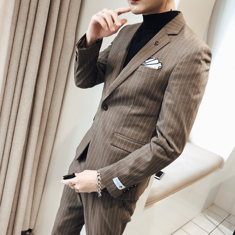 Young Fashion Men Wedding Tuxedos Stripe Slim Fit Pants Suits Two Pieces (Jacket+Pants) Peaked Lapel Custom Made Blazer