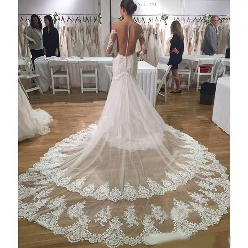 Stunning White Lace Appliqued Beaded Long Sheer Wedding Dresses 2020 Vintage Mermaid Long Sleeves Bridal Gowns Formal Vestidos de novia