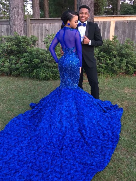 Royal Blue Cathedral 3D Floral Train Prom Dresses High Neck Real Image Sparkly Lace Beaded Long Sleeve African Black Girl Evening Gown
