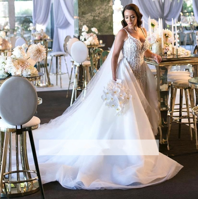 Gorgeous Beading Appliques Mermaid Wedding Dresses with Detachable Train Backless Long Bride Dress Custom Made Vintage vestido de novia